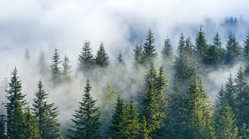 Poster misty forest landscape with tall trees surrounded by fog creating a serene atmosphere with ample cop