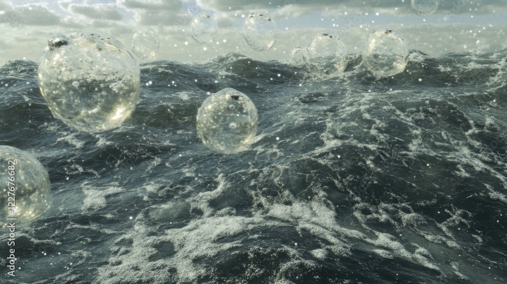 Poster hydrogen bubbles floating in ocean waters creating a dynamic and captivating underwater scene with s