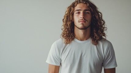 Young man with long curly hair posing in a minimalist white room with ample copy space for creative projects and advertisements