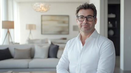 Modern professional man in a minimalist living room with white walls and contemporary decor, conveying a relaxed and sophisticated atmosphere.