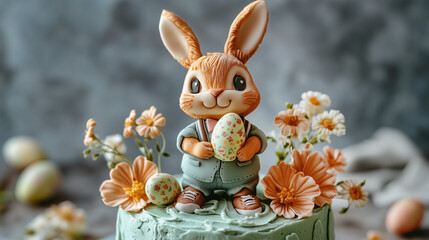 Obraz premium Adorable rabbit figurine with floral accents, holding a beautifully decorated egg, ideal for Easter celebrations and decor