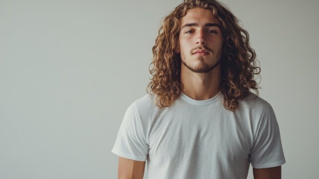 Young man with long curly hair posing in a minimalist white room with ample copy space for creative projects and advertisements