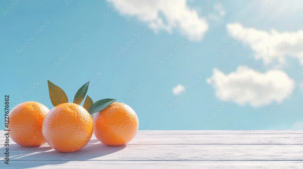 Poster fresh oranges on wooden table with blue sky and gentle clouds creating a bright and inviting atmosph