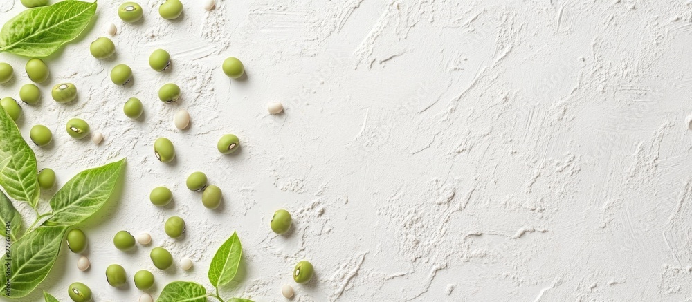 Poster green soybeans arranged aesthetically on a textured white background with ample empty space for text