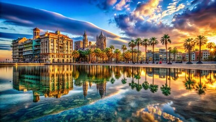 Naklejka premium Barcelona Beach Double Exposure: Iconic Buildings Reflected in Water