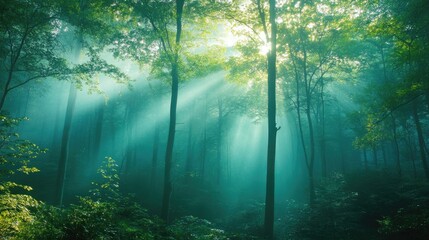 Obraz premium Calm misty forest with sunlight filtering through trees creating a serene and peaceful atmosphere in nature.
