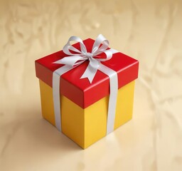 Soft yellow background with a red gift box and white ribbon, yellow background, red gift box, sunny background