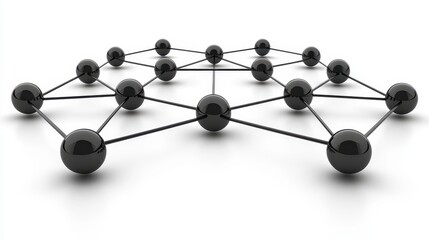 Abstract 3D rendering of a network, showing black spheres interconnected by lines against a white background. The image depicts connection and