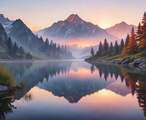 Soft watercolor painting of a serene mountain lake at sunrise, warm colors, gentle ripples, sunrise
