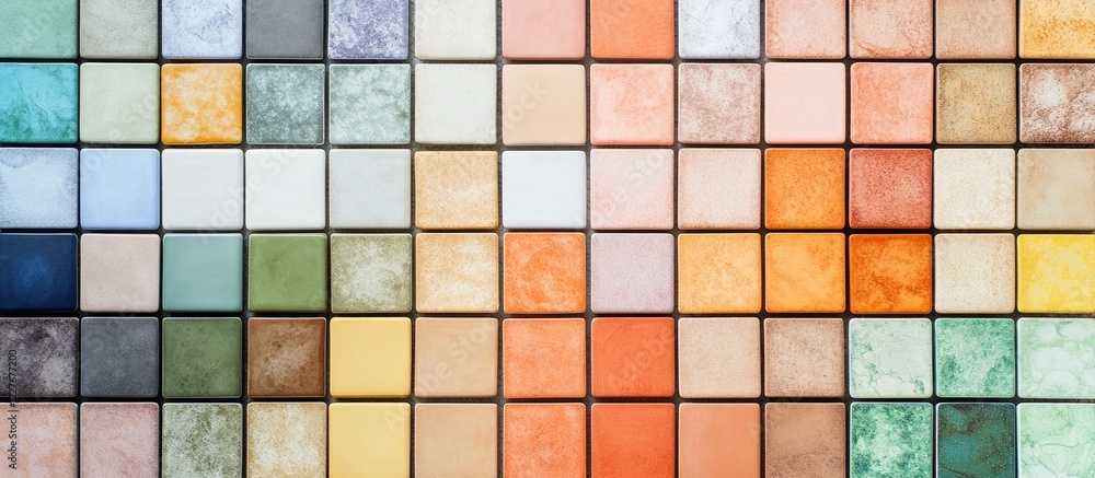 Poster bathroom tile sample display featuring a diverse range of ceramic floor tiles with empty space for t
