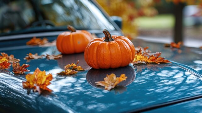 Autumn car hood decoration with orange pumpkins and colorful leaves creating a seasonal theme for festive celebrations and fall aesthetics