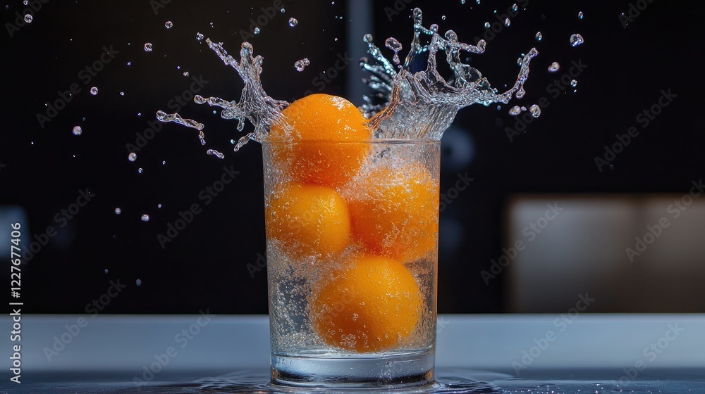 Aufkleber fresh oranges creating dynamic splash effect in glass of juice highlighting vibrant colors and refre