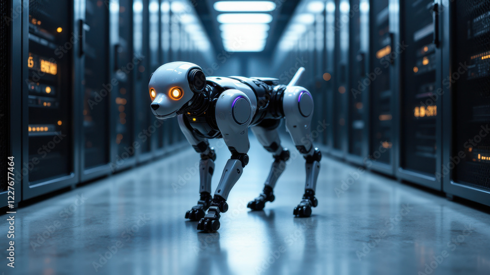 Poster a robot dog standing in a room filled with computer server racks.