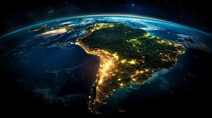 South America at night, Earth view, city lights, Amazon rainforest