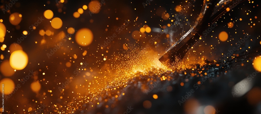 Poster blacksmith forging iron sparks flying from hot metal at the forge with empty space for custom text a