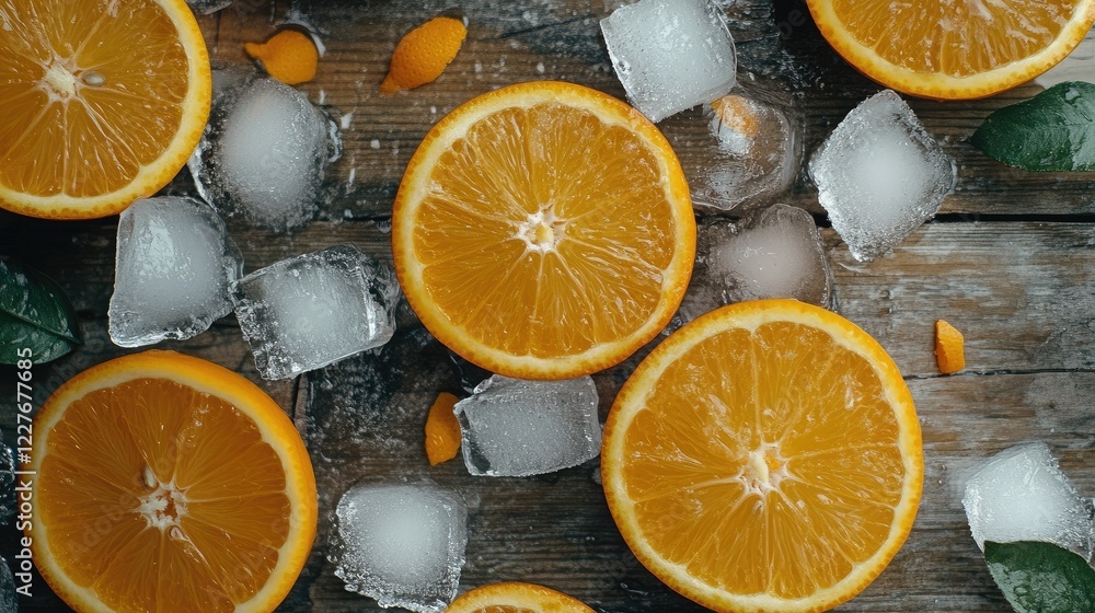 Poster sliced oranges with ice cubes and spices arranged on a rustic wooden surface creating a refreshing s