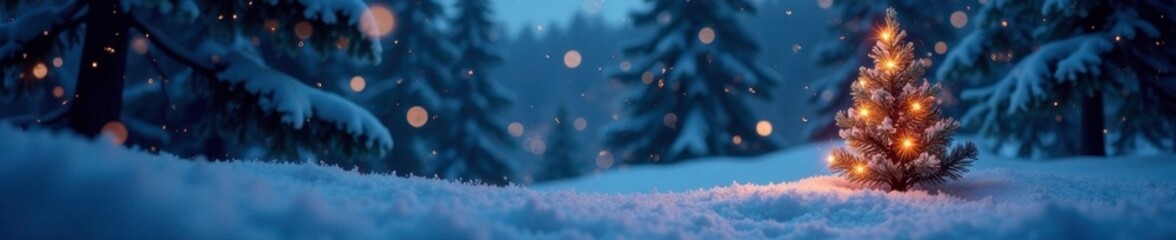Snowy night with twinkling lights and a small Christmas tree, snow, sparkle