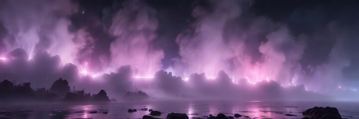 Softly pulsing neon lights embedded within an opaque fog bank, fog bank, abstract background, neon lights