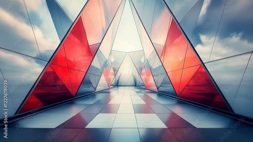 Poster abstract architectural scene with red and gray triangular elements, reflective surfaces, and a cloud