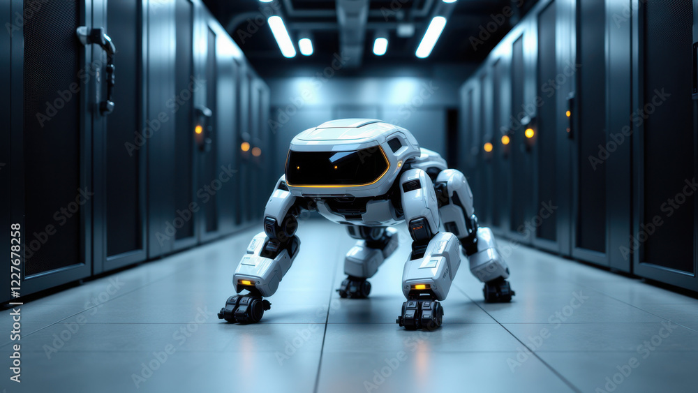 Poster futuristic robotic spider inside a data center with servers in the background.