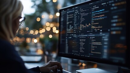 Data analyst working at computer, analyzing complex financial graphs and charts. Enhance business insights with efficient data visualization.