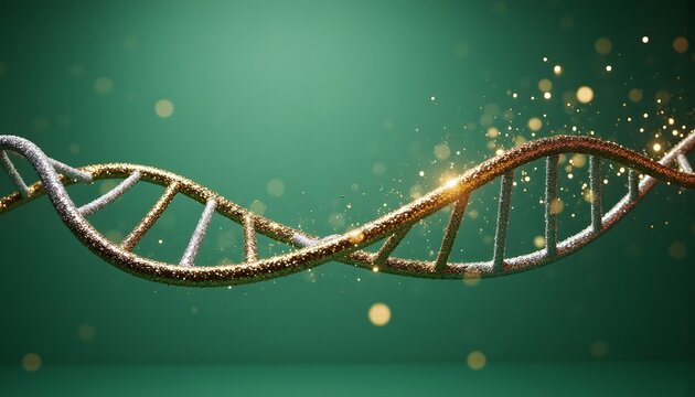 Elegant gold and silver DNA double helix on green background, symbolizes life's complexity and potential, suitable for science presentations, health magazines, and biotechnology events