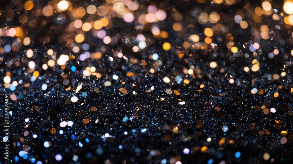 Poster colorful metallic organic particles with shiny splashes and bokeh effect on dark background