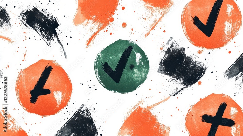 Poster abstract seamless pattern with orange and green checkmarks on white background. black ink splatters 