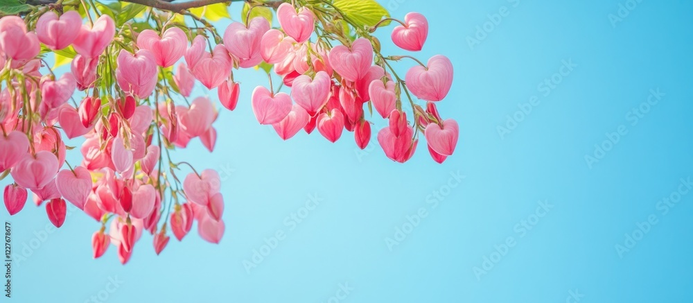 Poster spring border featuring vibrant pink bleeding heart flowers against a clear blue sky with ample empt