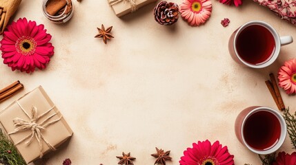 Festive flat lay with blank postcard, mulled wine, gifts, and vibrant gerbera flowers on a beige background perfect for holiday greetings.