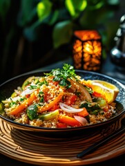 Colorful vegetable couscous served in a bowl during Ramadan evening gathering
