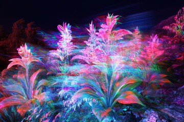 Vibrant plants illuminated with neon colors under night sky at serene location