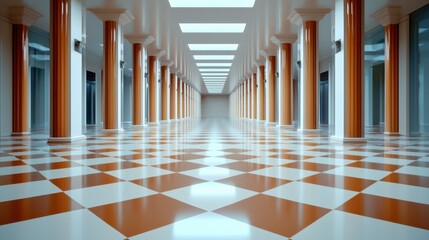 Naklejka premium Symmetrical hallway with orange pillars and a checkered floor leading to a vanishing point