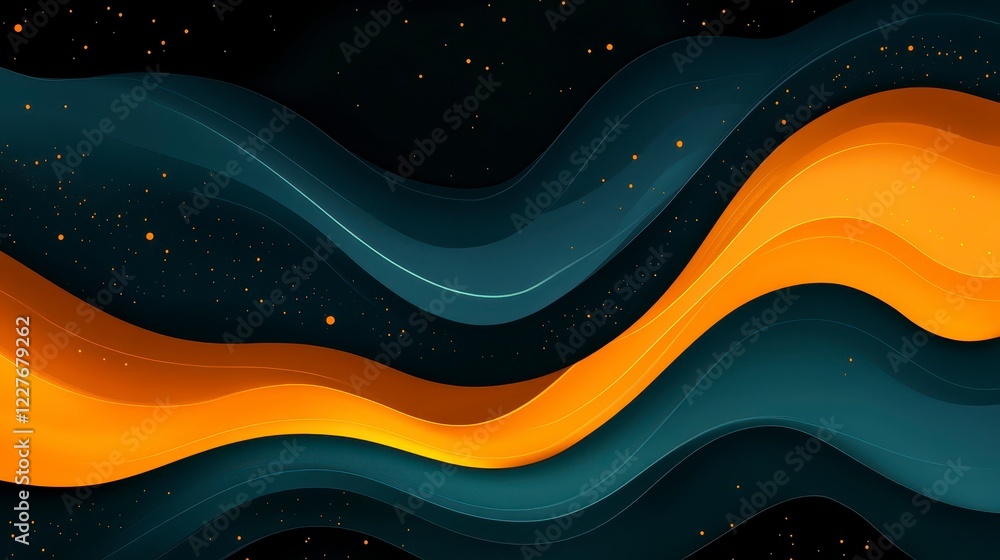 Poster abstract background with flowing teal and orange waves on a dark background. glowing particles are s