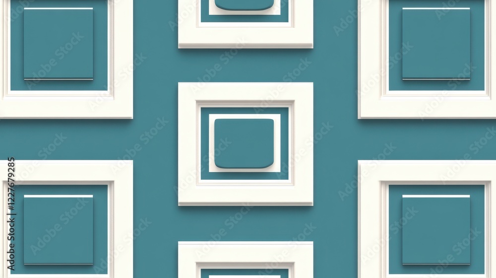 Poster abstract background with teal and white square frames. repeating pattern of nested squares creates a