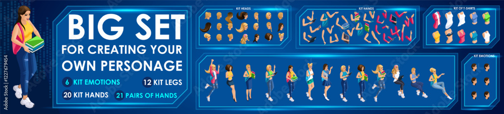 Aufkleber isometric girl characters constructor for designed n5. presentation in various action. set of studen