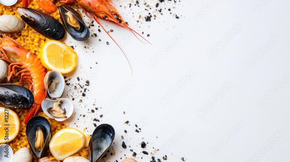 Poster seafood paella with shrimp clams mussels and lemon on a white background featuring empty space for t