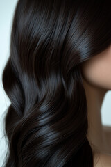 Naklejka premium Close-up of silky, wavy dark hair against a soft background, highlighting the natural shine and texture of healthy hair