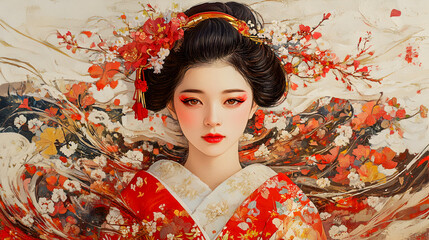 A beautiful woman with red flowers in her hair exudes autumn glamour