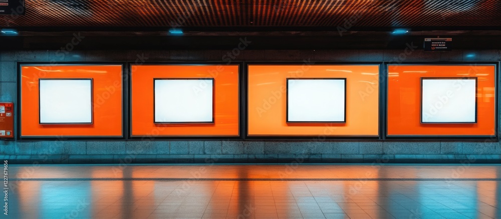 Poster blank billboard frames on vibrant orange racks in a metro station showcasing empty copyspace for com