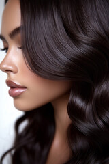 Naklejka premium Profile view of a woman with glossy, flowing hair, showcasing her elegant features and a serene expression