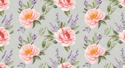 Floral Elegance: A delicate and romantic seamless pattern featuring lush pink peonies and fragrant lavender blossoms, intricately rendered in watercolor on a soft gray background.