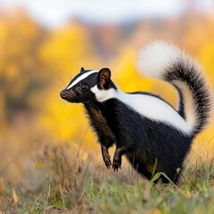 Naklejka premium Striking Skunk in Autumn Landscape with Vibrant Yellow Background