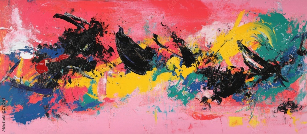 Poster colorful abstract painting with vibrant splashes of paint and dynamic brush strokes creating an expr