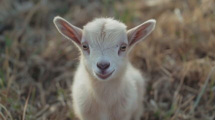 Obraz premium Playful Baby Goat Grinning in Natural Setting Surrounded by Straw and Grass.