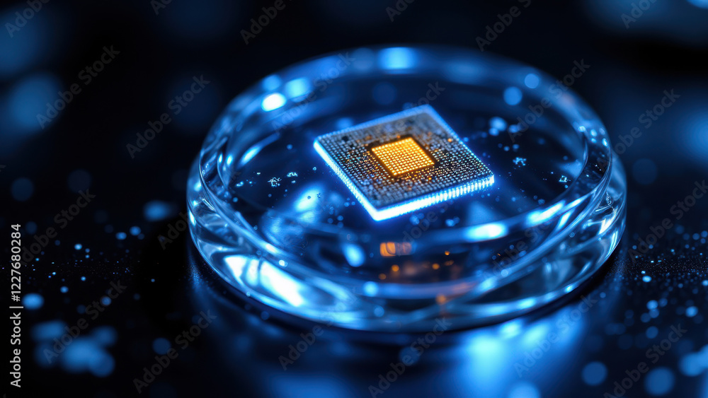 Poster a close-up image of a computer chip illuminated by blue light.