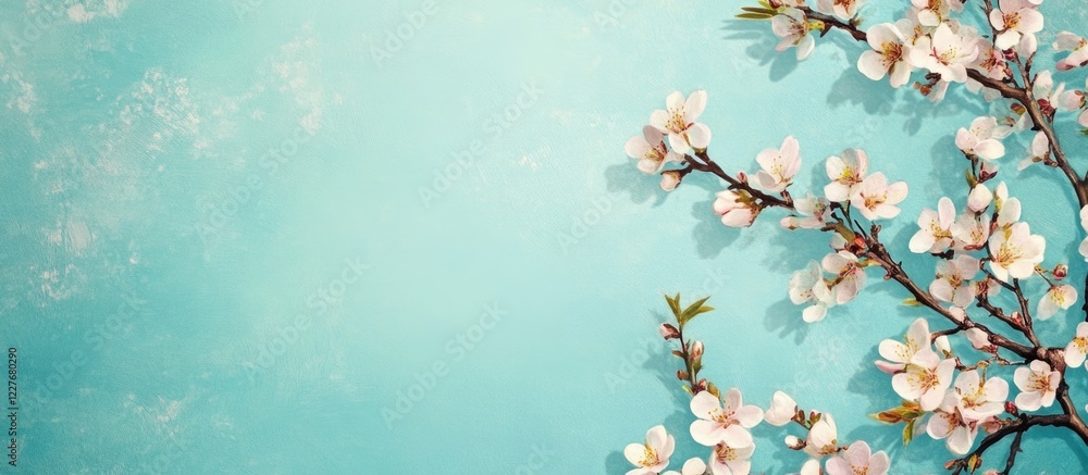Poster blooming almond tree branch on soft blue background digital art with empty space for text and creati