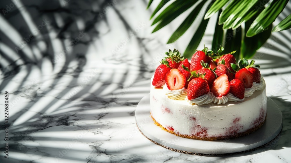 Poster flavored strawberry cake garnished with fresh strawberries on a marble surface with blurred palm sha