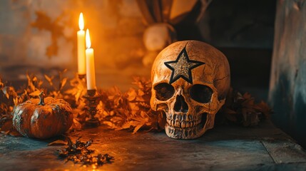 Gothic Halloween decor featuring a skull, orange pentagram, and candles with autumn leaves for themed party promotions and games.