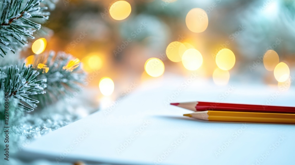 Poster vivid colored pencils on white paper with soft bokeh lights creating a serene atmosphere and ample c